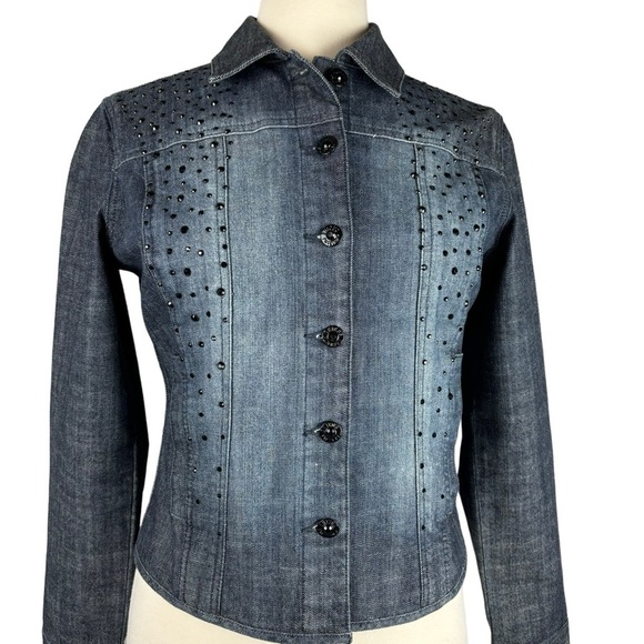 Chico’s Platinum Black Denim Distressed Jacket Black Rhinestones Size Small NEW - Picture 2 of 14